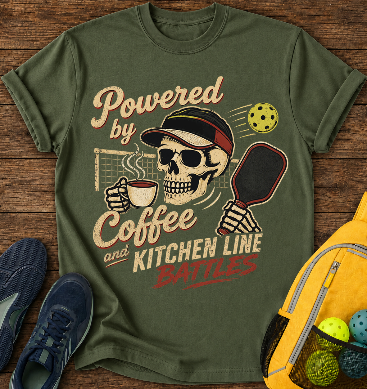 Powered By Coffe and Kitchen Line Battles - T-Shirt