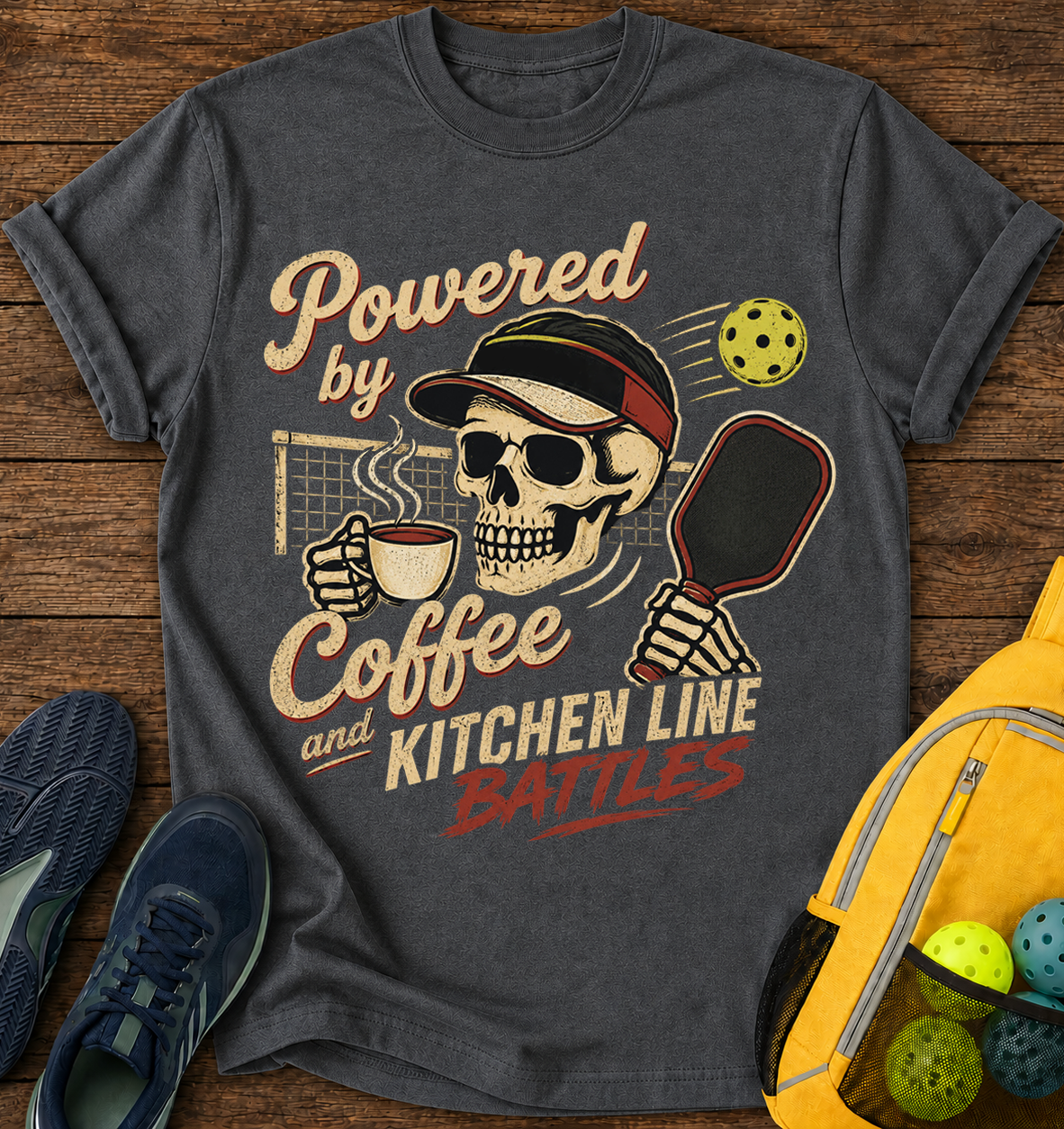 Powered By Coffe and Kitchen Line Battles - T-Shirt